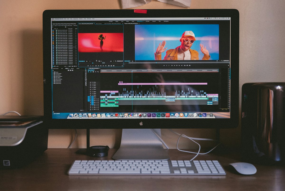 Editor timeline open on a monitor mid-edit